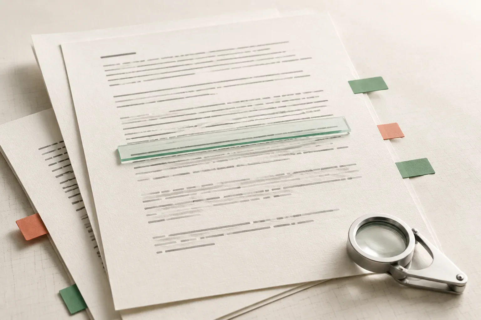 Printed documents under an analysis bar with green and coral markers