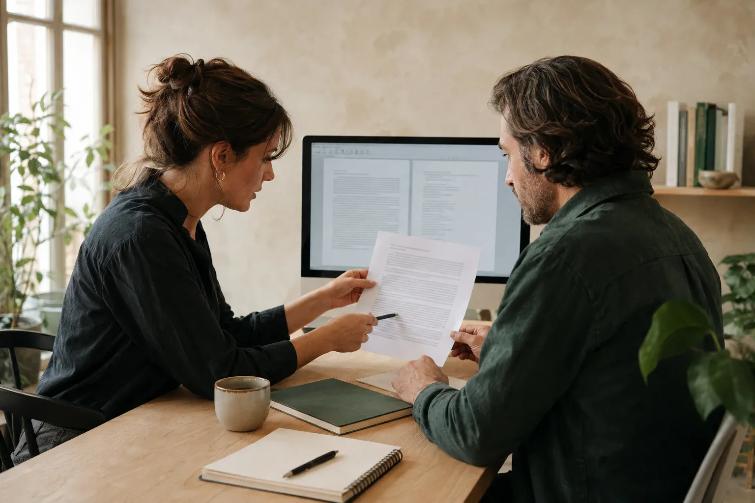 A writer and editor compare a printed draft with a document on screen