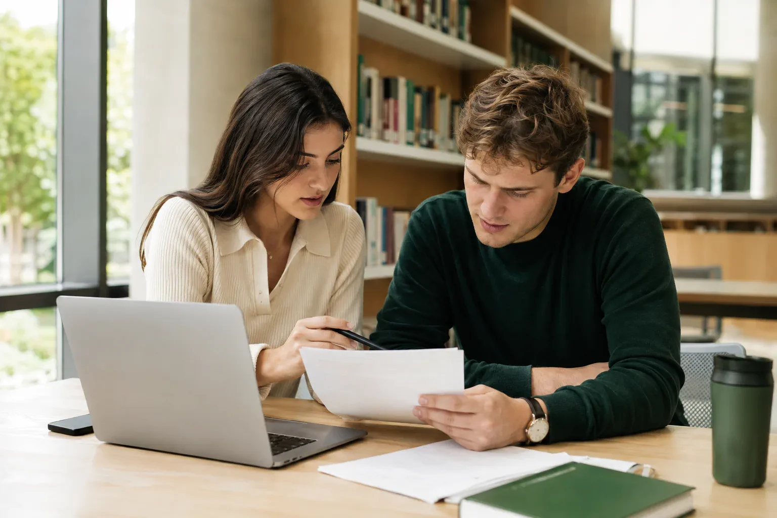 Two university students review a printed essay together in a library